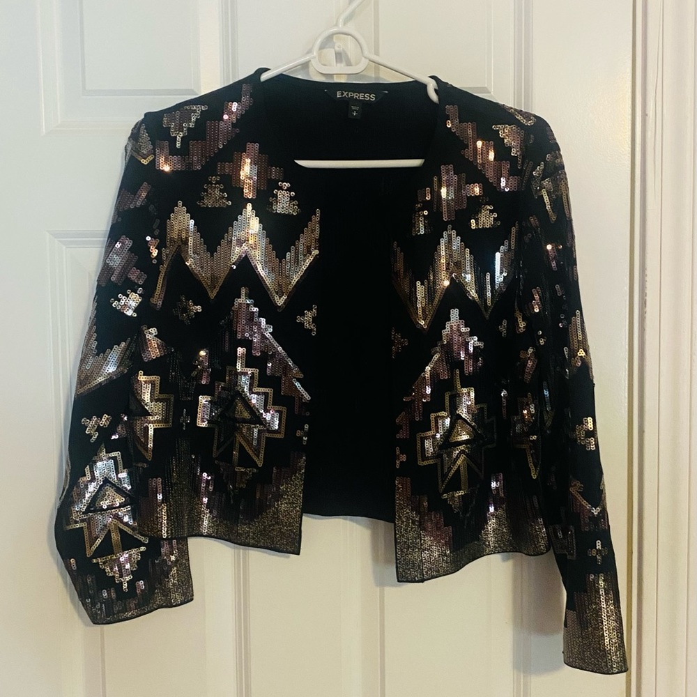 Express. Sequined cropped blazer. Black and silver. Size S.